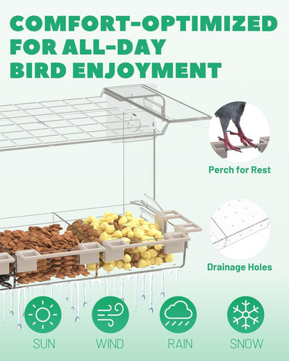 Clear Window Bird Feeder – Outdoor Bird Feeder with 5 Perching Stands, Self-Adhesive Hooks, Drain Holes & Removable Tray, Garden Decor Birdhouse