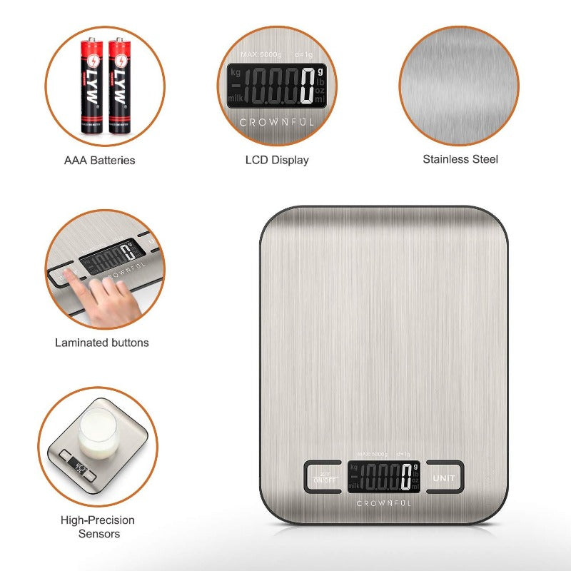 Crownful 5 Unit 11LB Digital Food Scale With Tare Function And LCD Screen (Batteries Included)