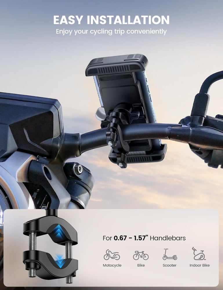 Bike & Motorcycle Phone Mount – 1s Quick Lock Cell Phone Holder for Bicycle, Scooter, Handlebar Clamp, Fits iPhone 6–17, Galaxy S24–S25, 6–7" Phones