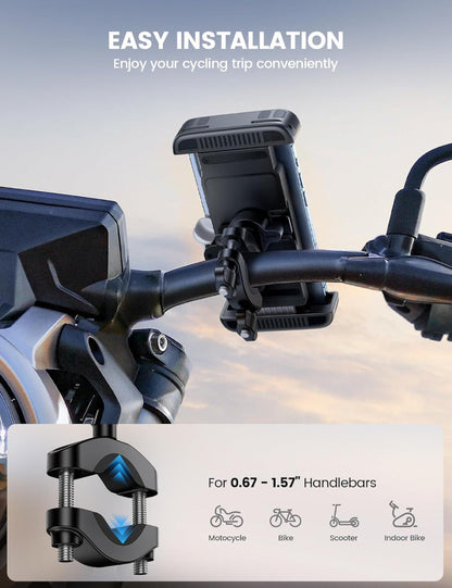 Bike & Motorcycle Phone Mount – 1s Quick Lock Cell Phone Holder for Bicycle, Scooter, Handlebar Clamp, Fits iPhone 6–17, Galaxy S24–S25, 6–7" Phones