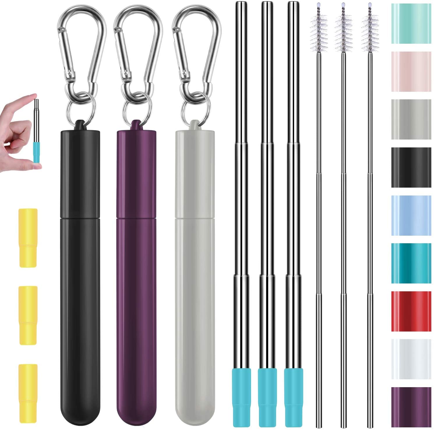 3 Pack Stainless Steel Reusable Collapsible Straws with Plastic Case and Long Cleaning Brush