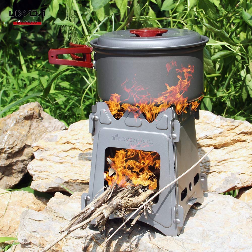 Lixada Camping Cookware Set - Titanium Wood Stove Frypan Ultra Light Portable Cooking Equipment Mess Kit Tools with Folding Handle for Picnic BBQ Camp Hiking