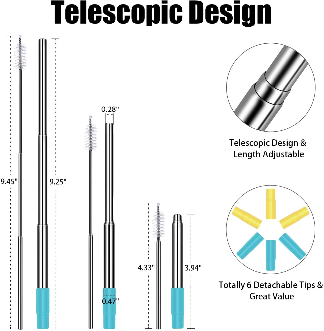 3 Pack Stainless Steel Reusable Collapsible Straws with Plastic Case and Long Cleaning Brush
