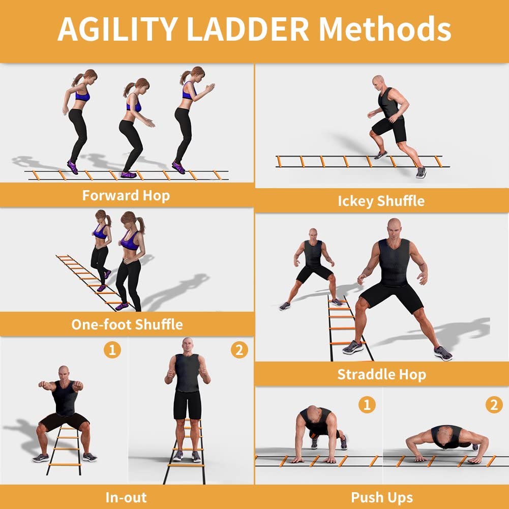 YISSVIC Agility Ladder and Cones 20 Feet 12 Adjustable Rungs Fitness Speed Training Equipment, 20 Feet Speed Agility 1 Carry Bags, 10 Cones, 4 Stakes, Basketball, Soccer, Football