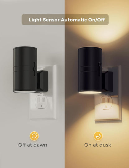 2-Pack Plug-In LED Night Lights – Dusk-to-Dawn Sensor, Soft White 3000K, 0–100LM Adjustable Brightness, Dimmable Wall Lights for Hallway, Bedroom & Stairway