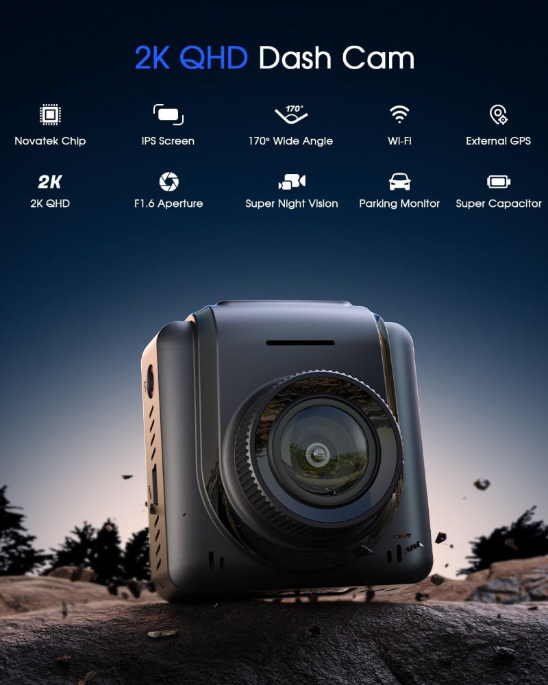 2K WiFi Dash Cam – Front Car Camera Use – Mini Design with 1.5" IPS Screen – WDR Night Vision, Loop Recording, G-Sensor & 24H Parking Monitor – External GPS & App Control