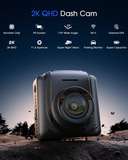 2K WiFi Dash Cam – Front Car Camera Use – Mini Design with 1.5" IPS Screen – WDR Night Vision, Loop Recording, G-Sensor & 24H Parking Monitor – External GPS & App Control