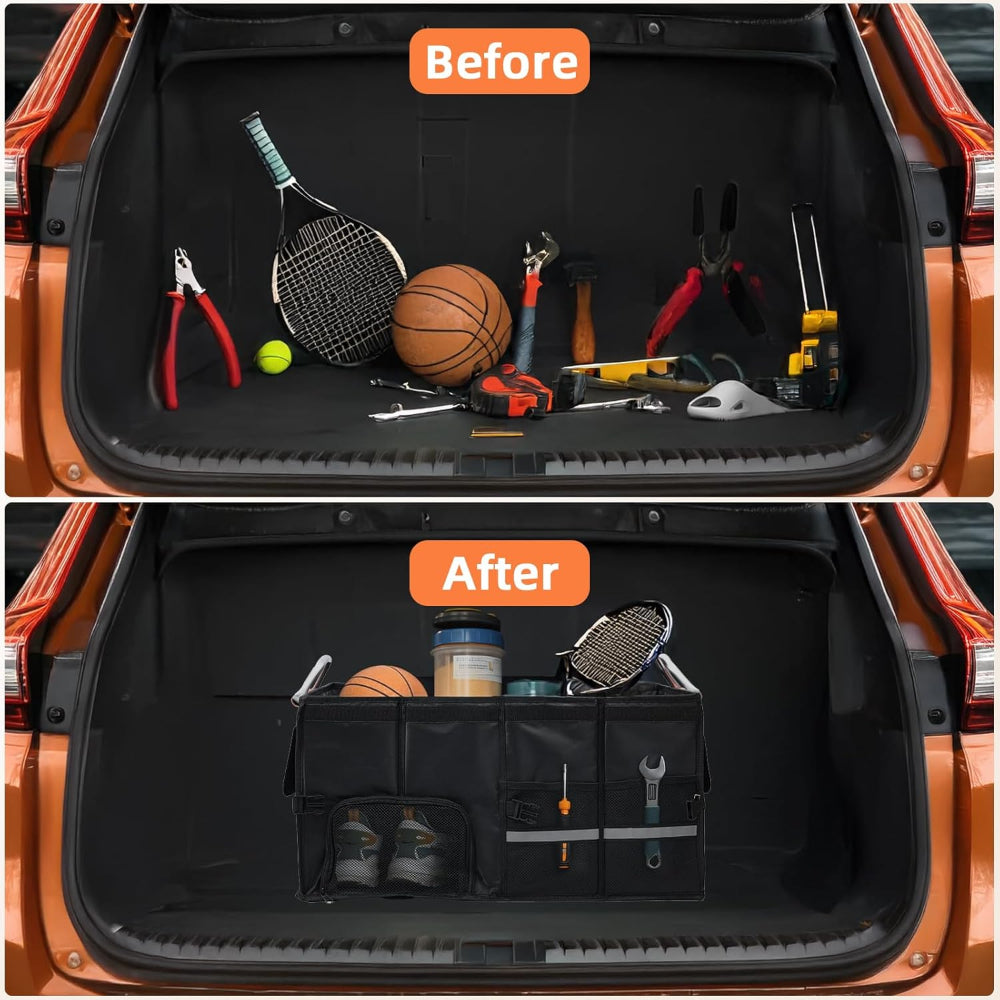 Car Trunk Organizer – Collapsible Storage with Multiple Compartments, Aluminum Alloy Handle & Lid for SUV & Truck