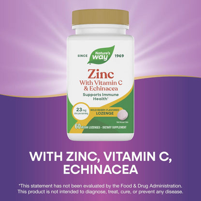 Zinc Lozenges with Vitamin C & Echinacea – Immune Support Supplement for Men & Women, Wild Berry Flavor, 60 Count