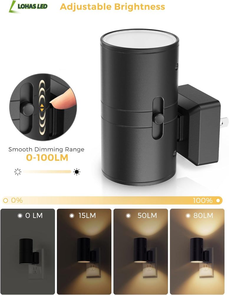 2-Pack Plug-In LED Night Lights – Dusk-to-Dawn Sensor, Soft White 3000K, 0–100LM Adjustable Brightness, Dimmable Wall Lights for Hallway, Bedroom & Stairway