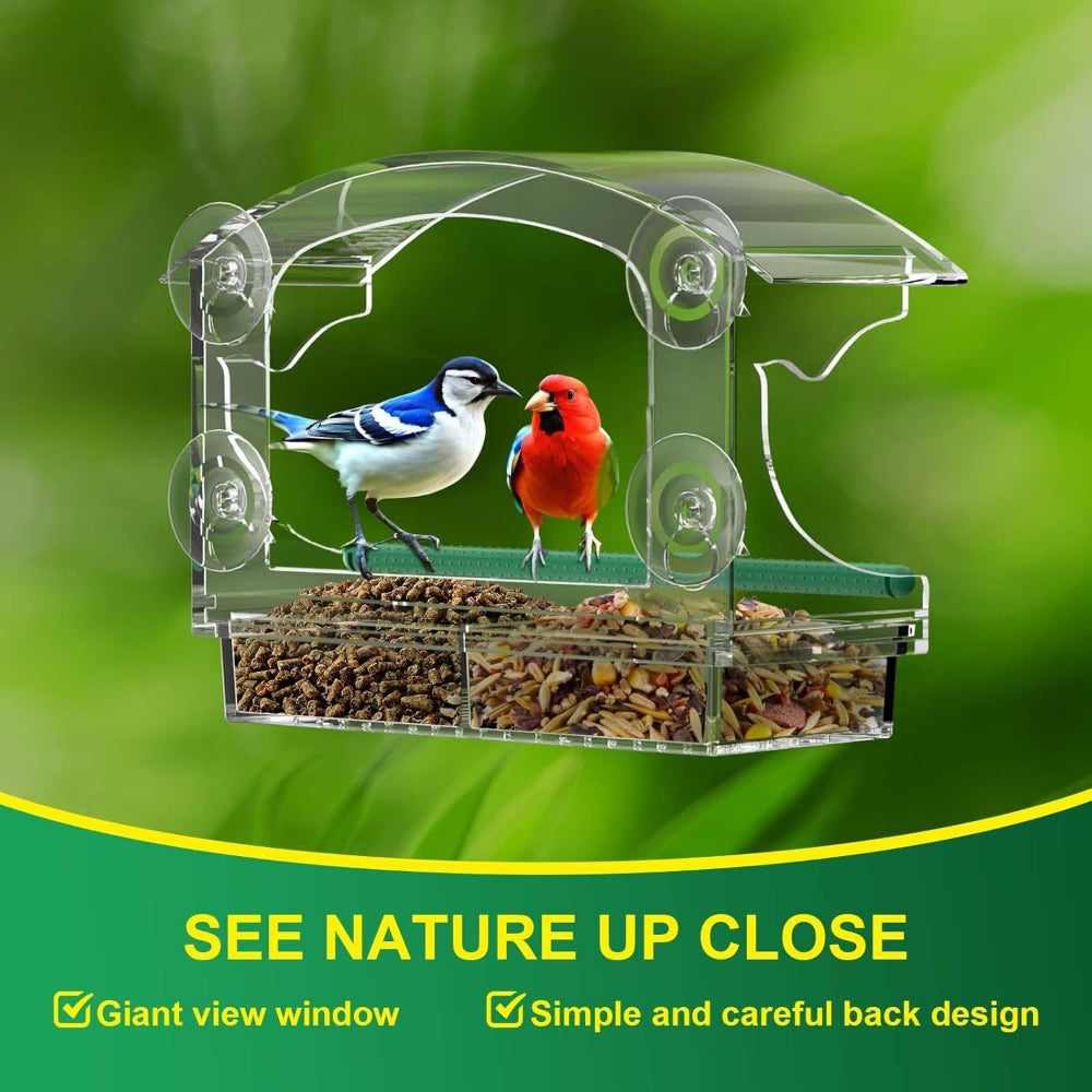 Clear Acrylic Window Bird Feeder – Suction Cup Mount, Detachable Seed Tray, Outdoor Viewing
