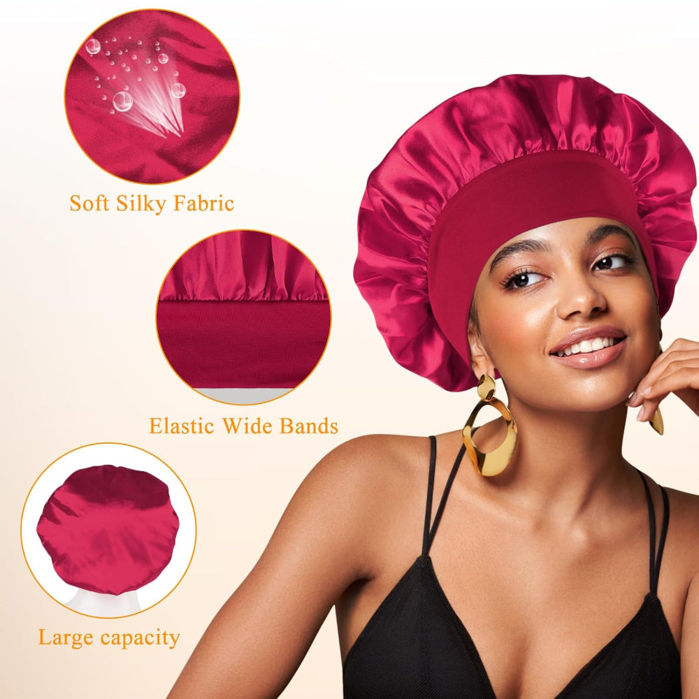 3-Pack Silk Sleep Bonnets – Satin Hair Protection Use – Large Soft Band for Curly Hair & Braids – Women’s Nighttime Hair Cap