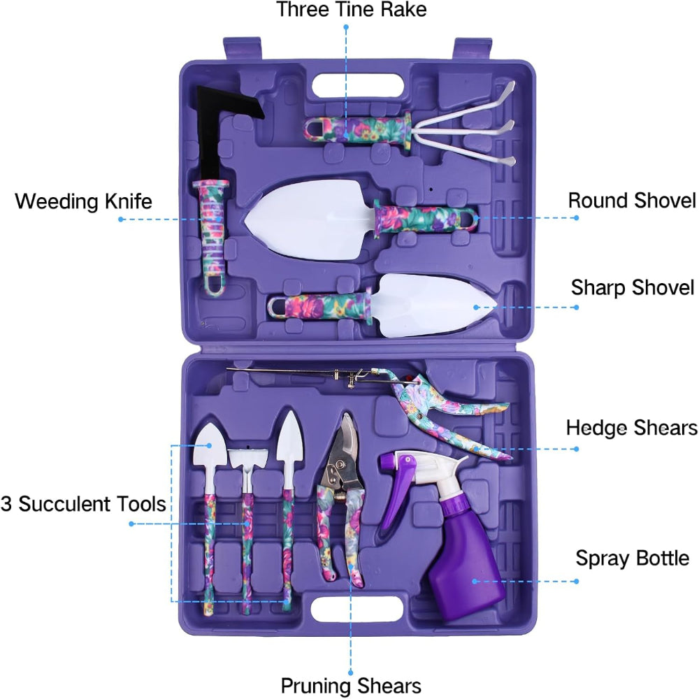 10-Piece Garden Tools Set – Hand Tools Use – Ergonomic Floral Print Trowel, Rake, Weeder, Pruner & Sprayer – Includes Carrying Case – Gardening Gift for Women & Men