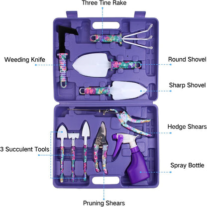 10-Piece Garden Tools Set – Hand Tools Use – Ergonomic Floral Print Trowel, Rake, Weeder, Pruner & Sprayer – Includes Carrying Case – Gardening Gift for Women & Men