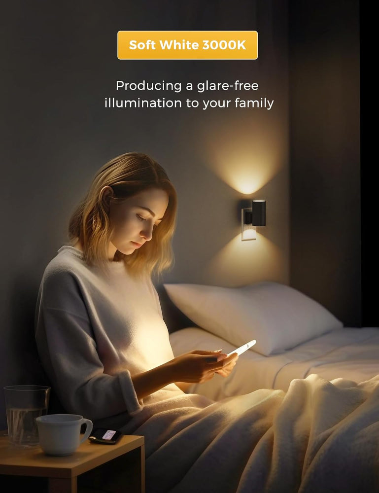2-Pack Plug-In LED Night Lights – Dusk-to-Dawn Sensor, Soft White 3000K, 0–100LM Adjustable Brightness, Dimmable Wall Lights for Hallway, Bedroom & Stairway