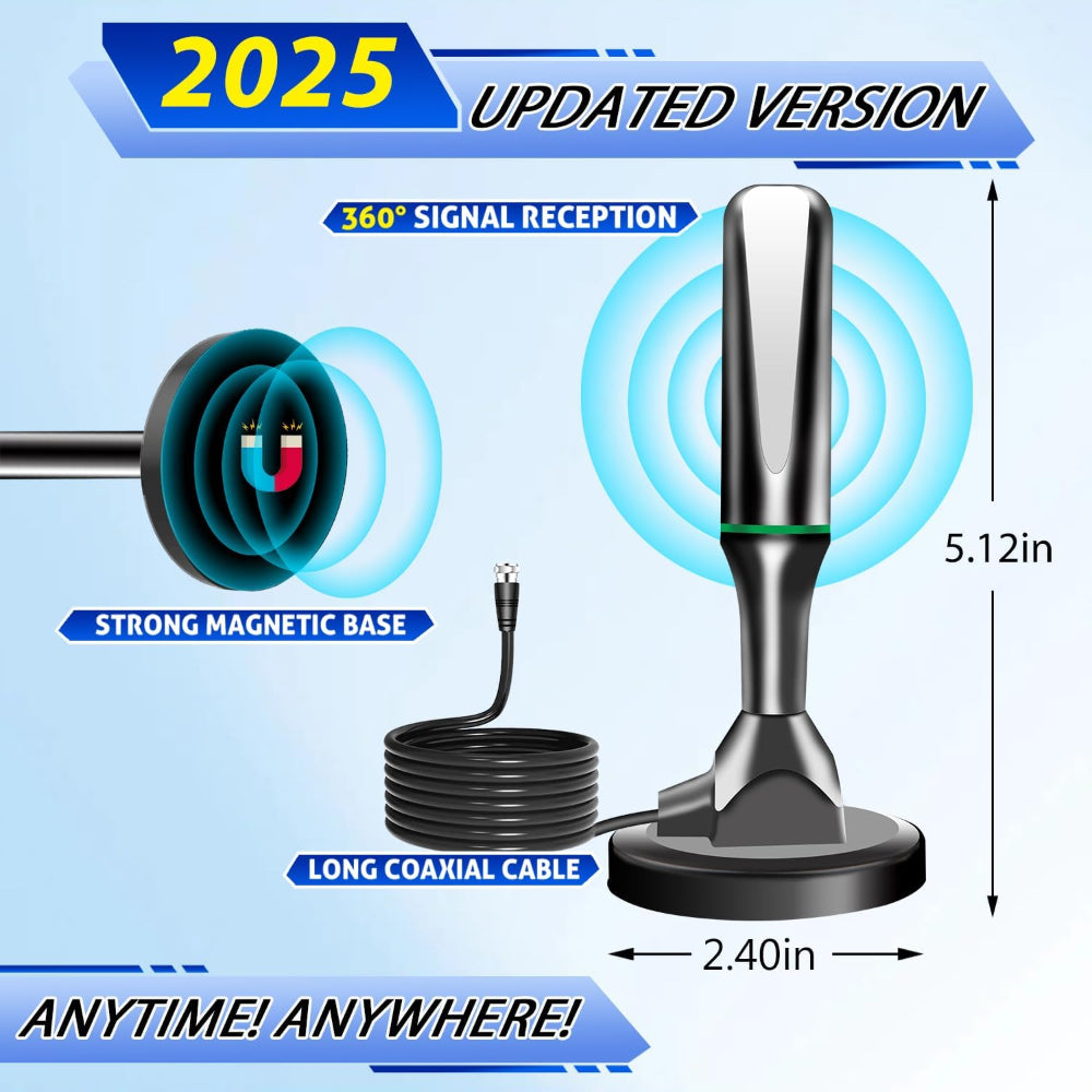 Indoor TV Antenna –  Digital HD Antenna with Strong Magnetic Base – 360° Long-Range Reception for Smart TVs, Local Channels, Easy Setup, No Cable