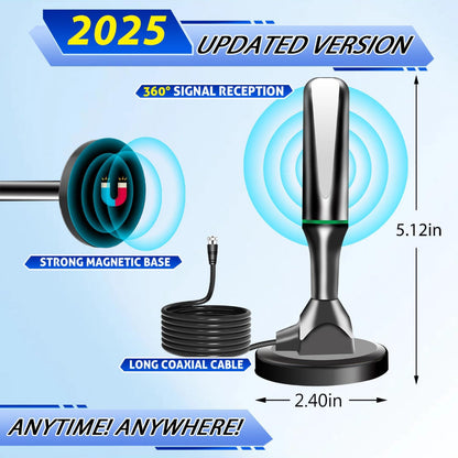 Indoor TV Antenna –  Digital HD Antenna with Strong Magnetic Base – 360° Long-Range Reception for Smart TVs, Local Channels, Easy Setup, No Cable