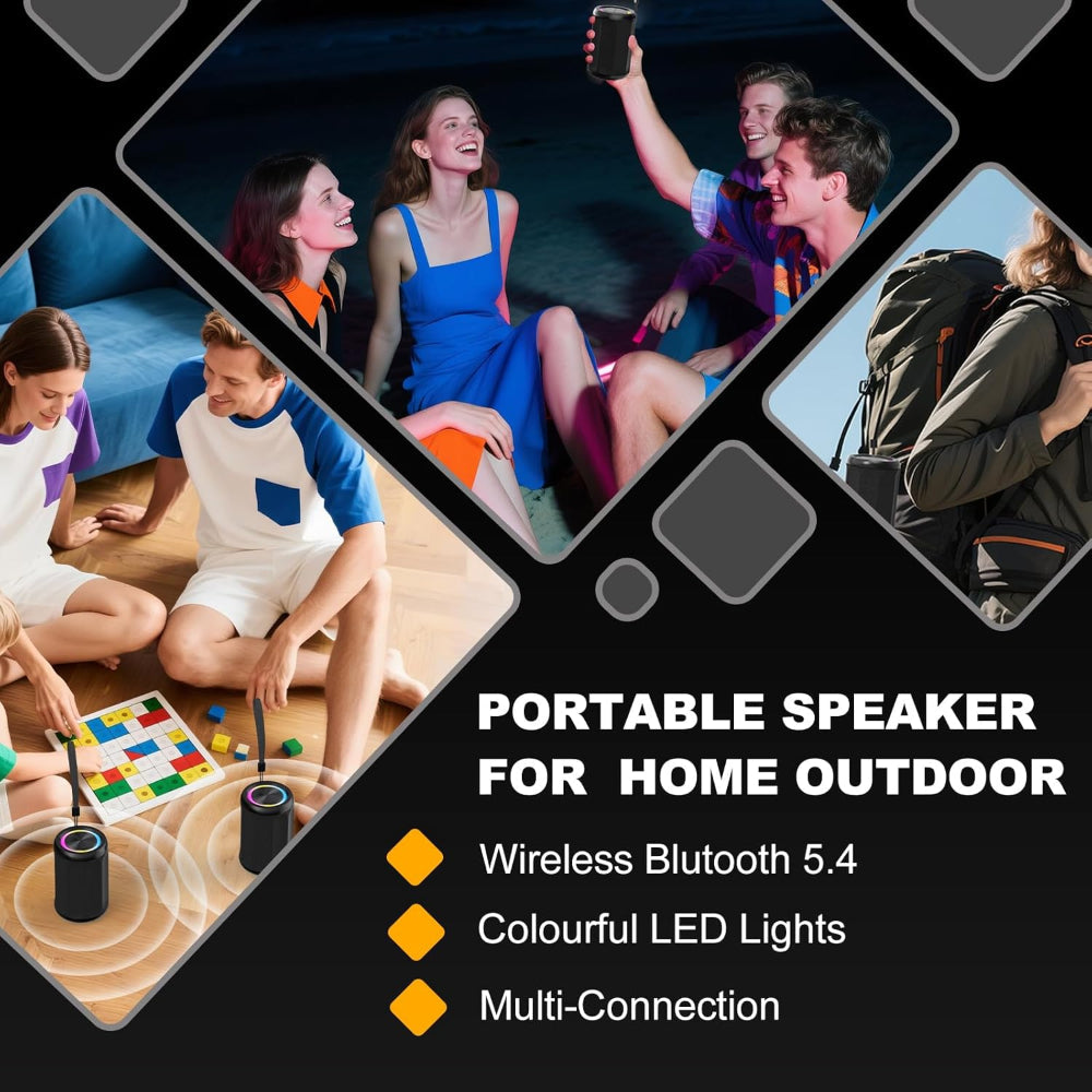 Portable Bluetooth 5.4 Speaker – 6W Wireless Audio Use – IPX55 Waterproof with RGB Light – AUX & TF Card Input, TWS Stereo Pairing – Black