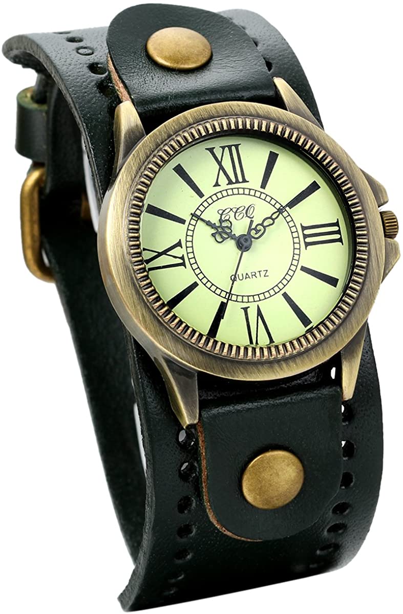JewelryWe Vintage Wrist Watch Wide Leather Strap Band Cuff Quartz Watches for Men Women, for Valentine’s Day