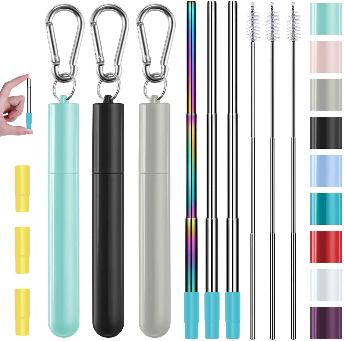3 Pack Stainless Steel Reusable Collapsible Straws with Plastic Case and Long Cleaning Brush