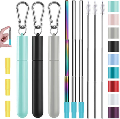 3 Pack Stainless Steel Reusable Collapsible Straws with Plastic Case and Long Cleaning Brush