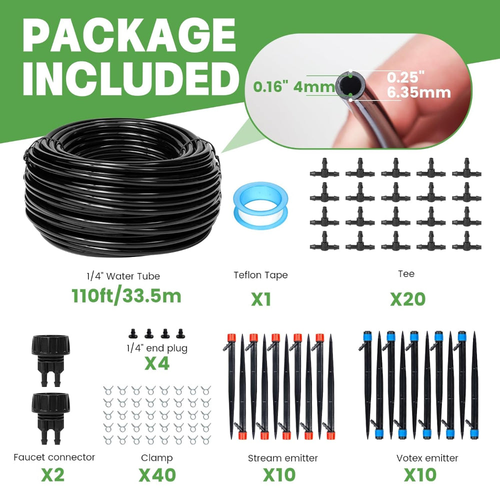 Drip Irrigation System Kit – DIY Automatic Garden Watering Use – 1/4" Tubing with Drip Emitters & Connectors – Lawn, Raised Bed & Greenhouse Setup