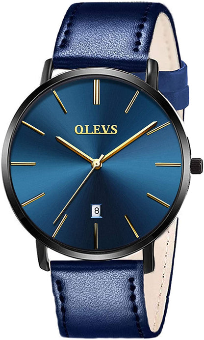 OLEVS Mens Minimalist Leather Strap Watches Brown Black Blue Leather Band Quartz Wrist Watches, Waterproof & Date Window
