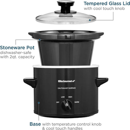 Electric Round Slow Cooker – 2-Quart Use – Adjustable Temperature for Stews, Sauces & Dips – Dishwasher Safe Glass Lid & Crock – Black