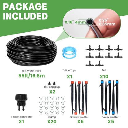 Drip Irrigation System Kit – DIY Automatic Garden Watering Use – 1/4" Tubing with Drip Emitters & Connectors – Lawn, Raised Bed & Greenhouse Setup