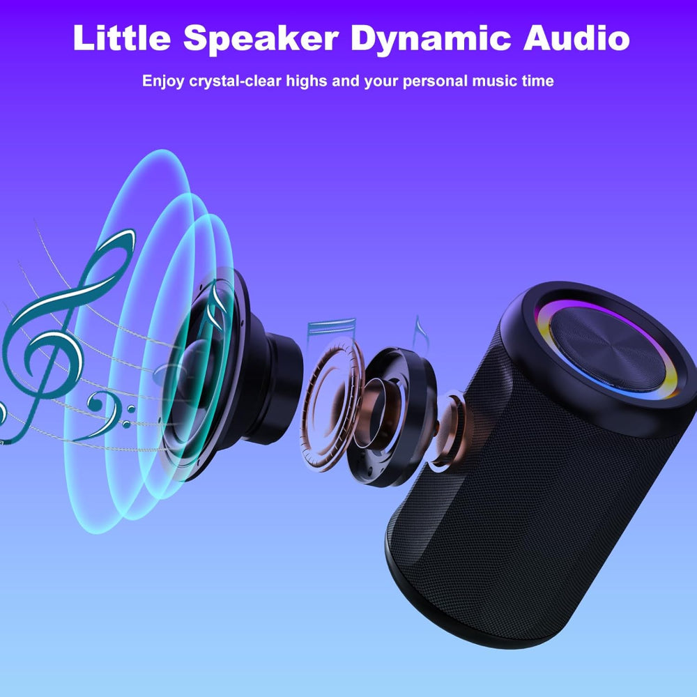 Portable Bluetooth 5.4 Speaker – 6W Wireless Audio Use – IPX55 Waterproof with RGB Light – AUX & TF Card Input, TWS Stereo Pairing – Black