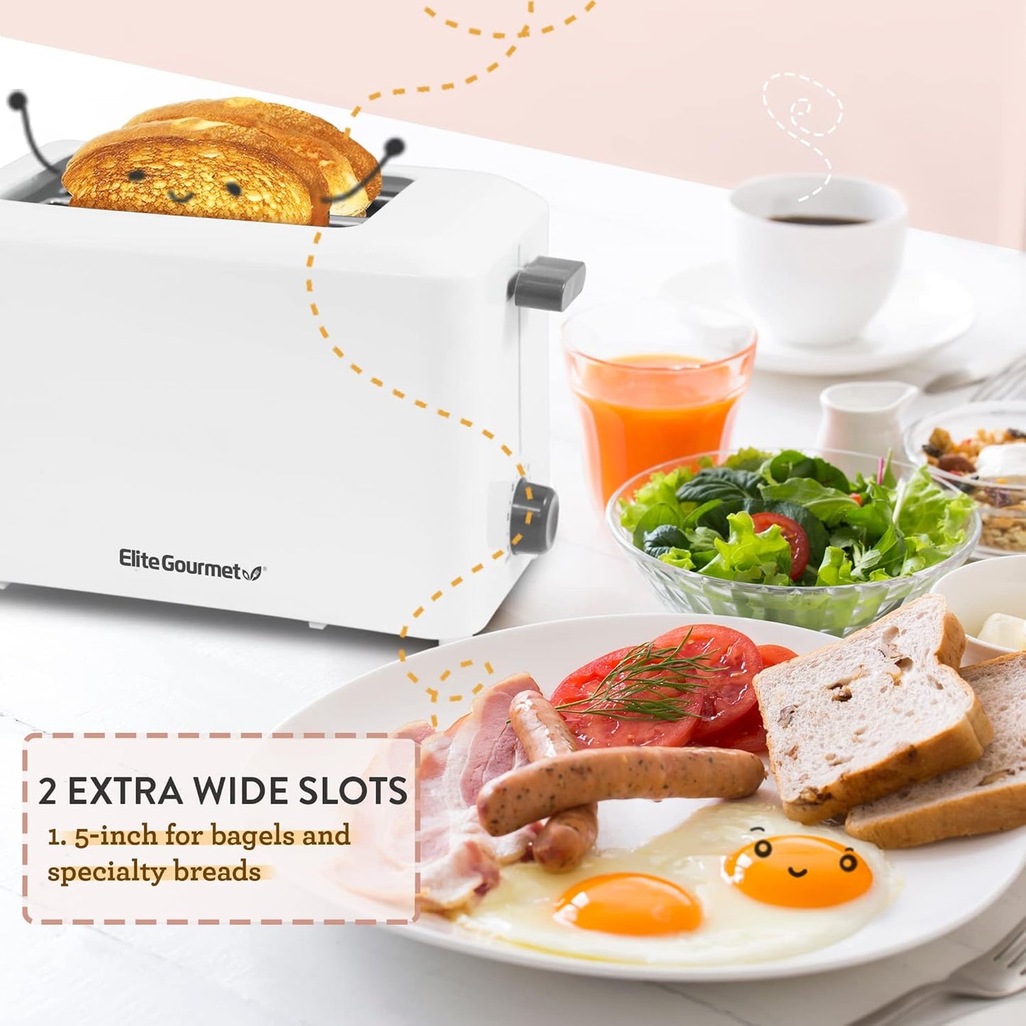 Cool Touch Toaster – 7 Settings with Cancel Function, Slide-Out Crumb Tray, Extra-Wide 1.5" Slots for Bagels, Waffles & Specialty Breads, White