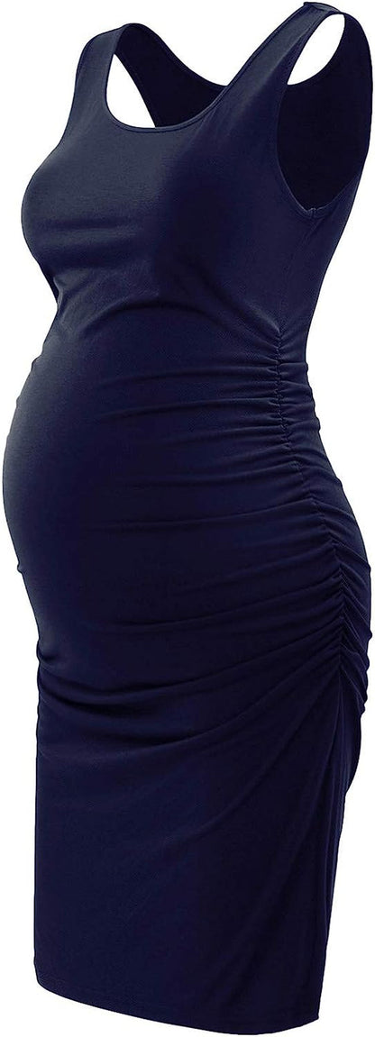 Maternity Tank Dress Bodycon Sleeveless Casual Short Ruched Midi Fitted Dress for Pregnant Women