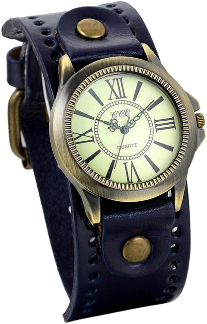 JewelryWe Vintage Wrist Watch Wide Leather Strap Band Cuff Quartz Watches for Men Women, for Valentine’s Day