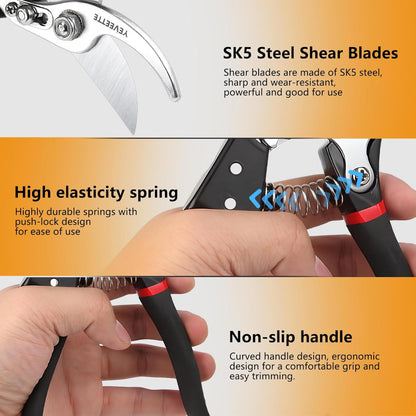 8.5" Professional Garden Pruning Shears – SK5 Steel Hedge Clippers, Heavy-Duty Handheld Garden Scissors for Yard, Roadside & Gardening