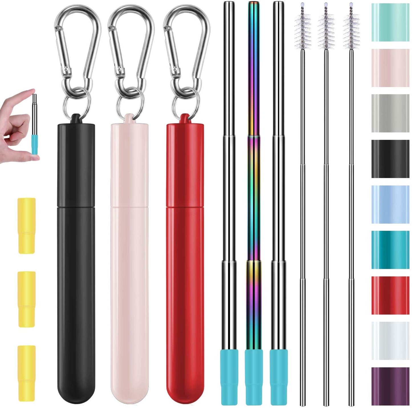 3 Pack Stainless Steel Reusable Collapsible Straws with Plastic Case and Long Cleaning Brush