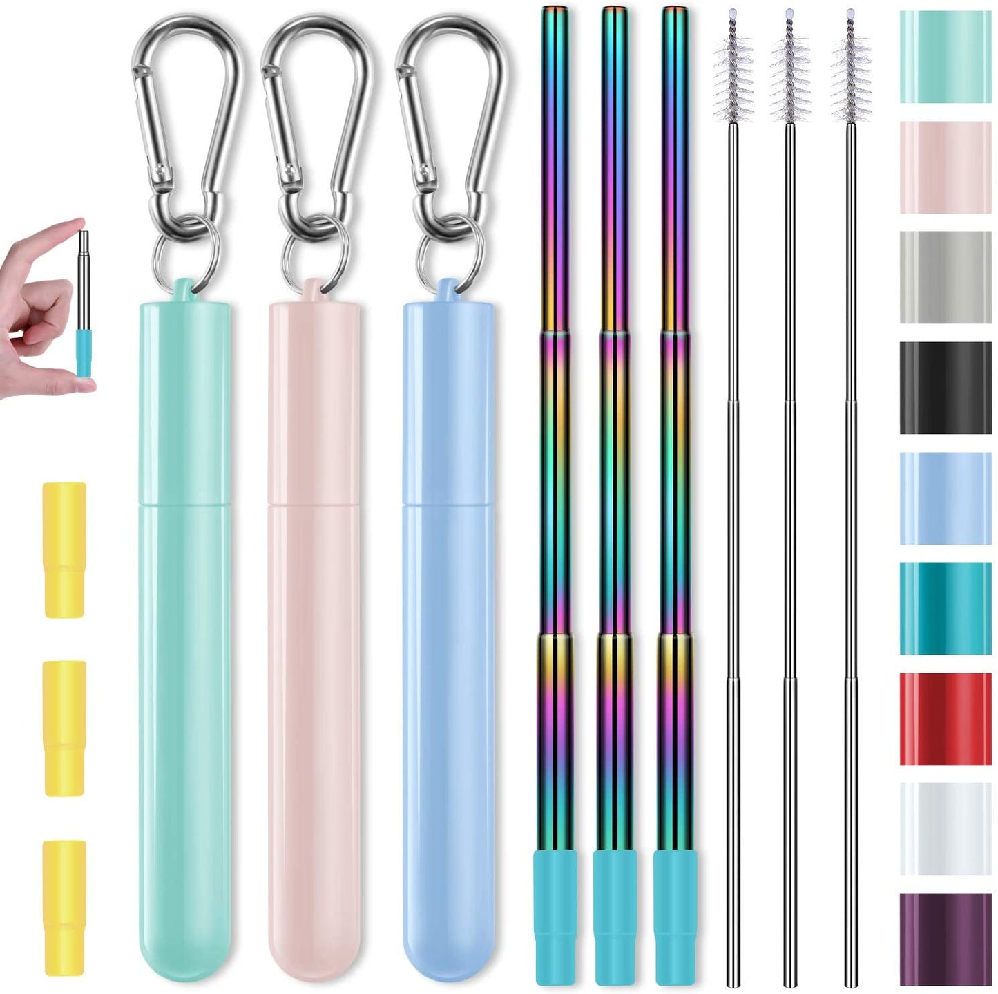 3 Pack Stainless Steel Reusable Collapsible Straws with Plastic Case and Long Cleaning Brush
