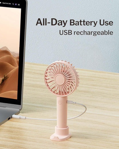 2-Pack Portable Handheld Fans – USB Rechargeable Mini Use – Ultra-Quiet with 3 Speeds & Phone Holder Base – All-Day Battery for Indoor & Outdoor – Pink