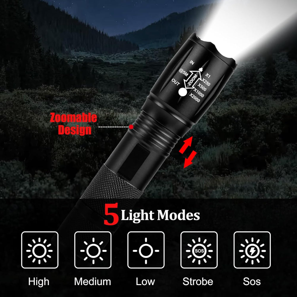 2-Pack Zoomable LED Flashlights – High Lumen Outdoor Use – 5 Light Modes – Battery Included Tactical Torch for Camping, Hiking & Fishing