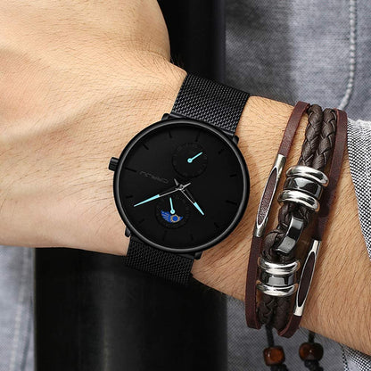 Men's Minimalistic Ultra Thin Quartz Wrist Watch Stainless Steel Mesh Strap Black Casual 24H Display Dress Watch Men Analogue
