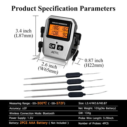 Wireless Digital Meat Thermometer – Instant Read with LCD Display & 4 Stainless Steel Probes, Waterproof Food Thermometer for BBQ, Grill & Kitchen Cooking