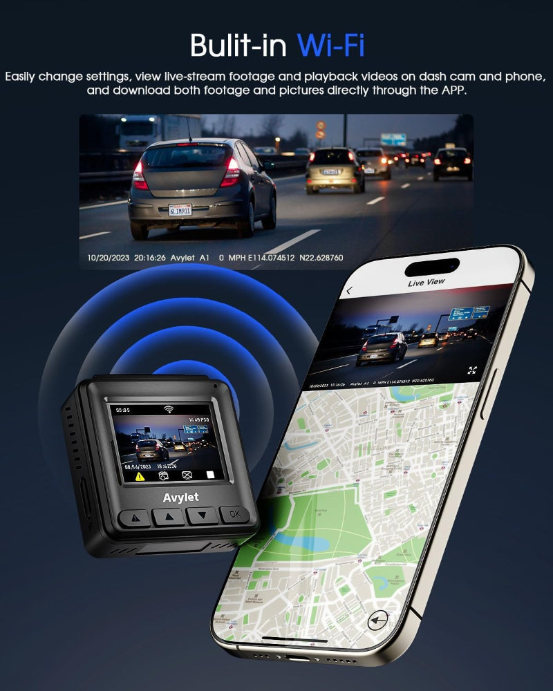 2K WiFi Dash Cam – Front Car Camera Use – Mini Design with 1.5" IPS Screen – WDR Night Vision, Loop Recording, G-Sensor & 24H Parking Monitor – External GPS & App Control