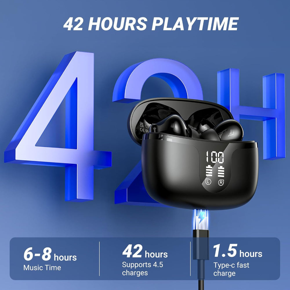 Wireless Bluetooth 5.4 Earbuds – In-Ear Use – HiFi Stereo with 4 ENC Noise-Cancelling Mics – 42H Playback, IPX7 Waterproof & LED Battery Display – Running, Fitness & Office – Black