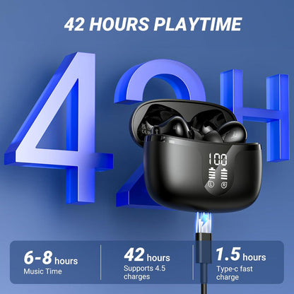 Wireless Bluetooth 5.4 Earbuds – In-Ear Use – HiFi Stereo with 4 ENC Noise-Cancelling Mics – 42H Playback, IPX7 Waterproof & LED Battery Display – Running, Fitness & Office – Black