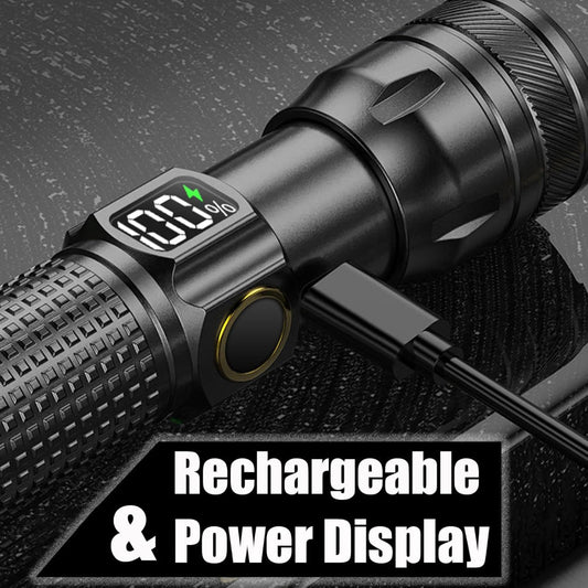 Rechargeable LED Flashlight – High Lumen EDC Use – Zoomable Beam with Digital Power Display – USB-C Charging for Home, Outdoor, Camping & Emergency Survival