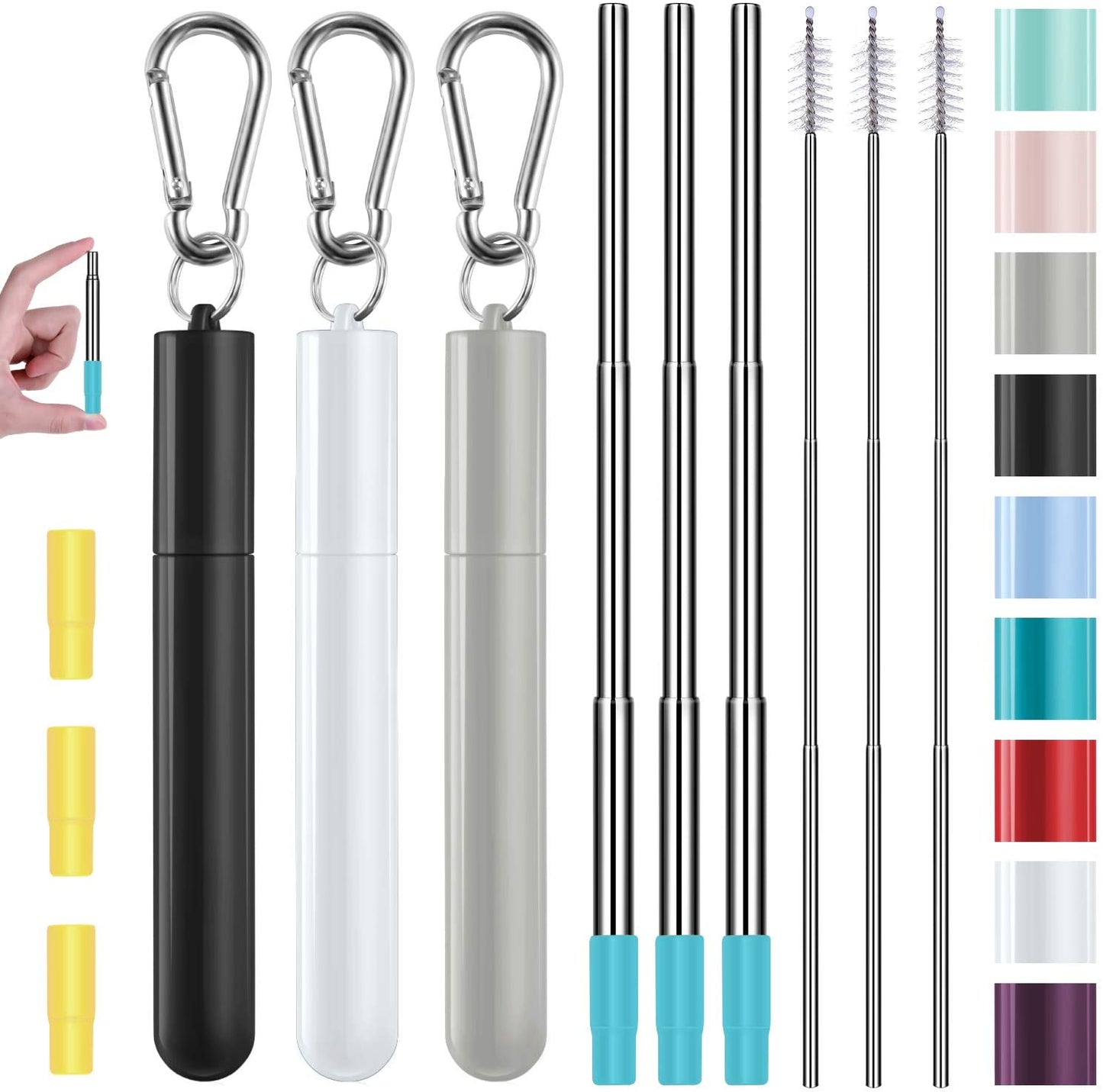 3 Pack Stainless Steel Reusable Collapsible Straws with Plastic Case and Long Cleaning Brush