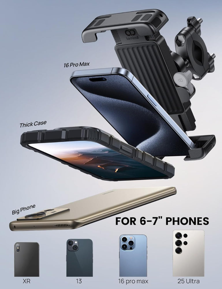 Bike & Motorcycle Phone Mount – 1s Quick Lock Cell Phone Holder for Bicycle, Scooter, Handlebar Clamp, Fits iPhone 6–17, Galaxy S24–S25, 6–7" Phones