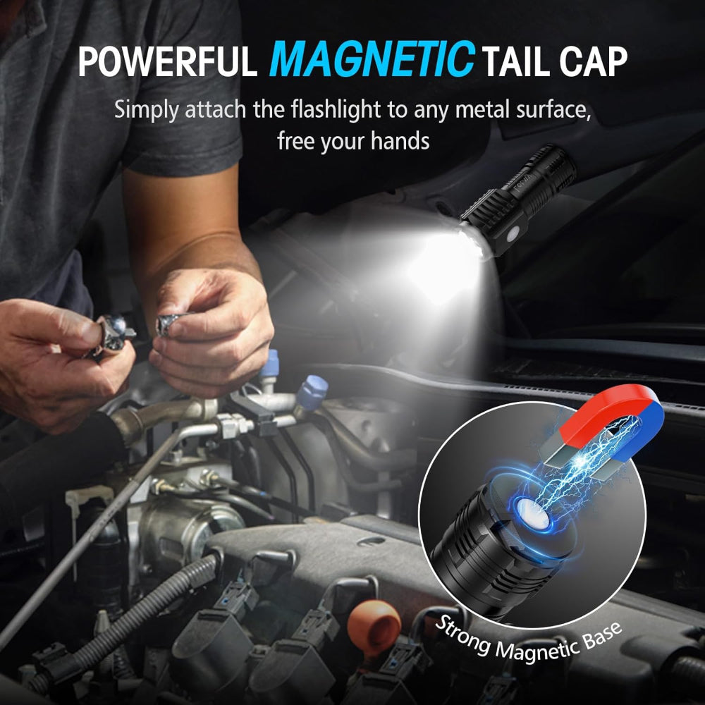 Rechargeable Mini Flashlights – Portable EDC Use – 3 LED Bright Light with 4 Modes – Magnetic Base & Belt Clip – Emergency, Camping & Home Use