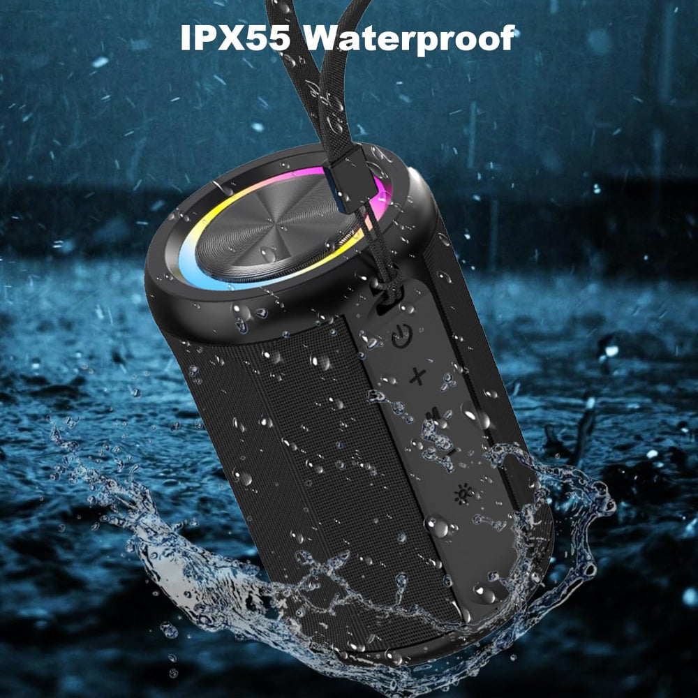 Portable Bluetooth 5.4 Speaker – 6W Wireless Audio Use – IPX55 Waterproof with RGB Light – AUX & TF Card Input, TWS Stereo Pairing – Black