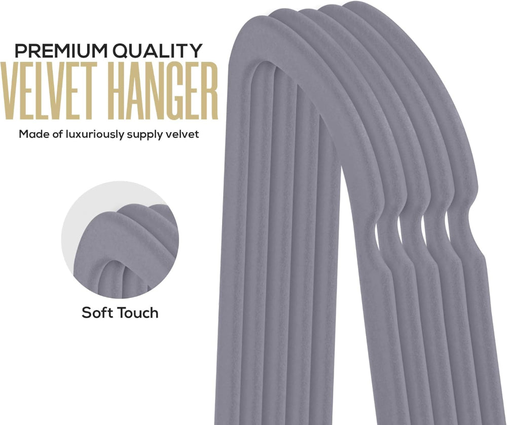 20-Pack Velvet Clothes Hangers – Non-Slip Use with Tie Bar – Heavy Duty Coat Hanger – 360° Rotatable Hook – Grey Finish