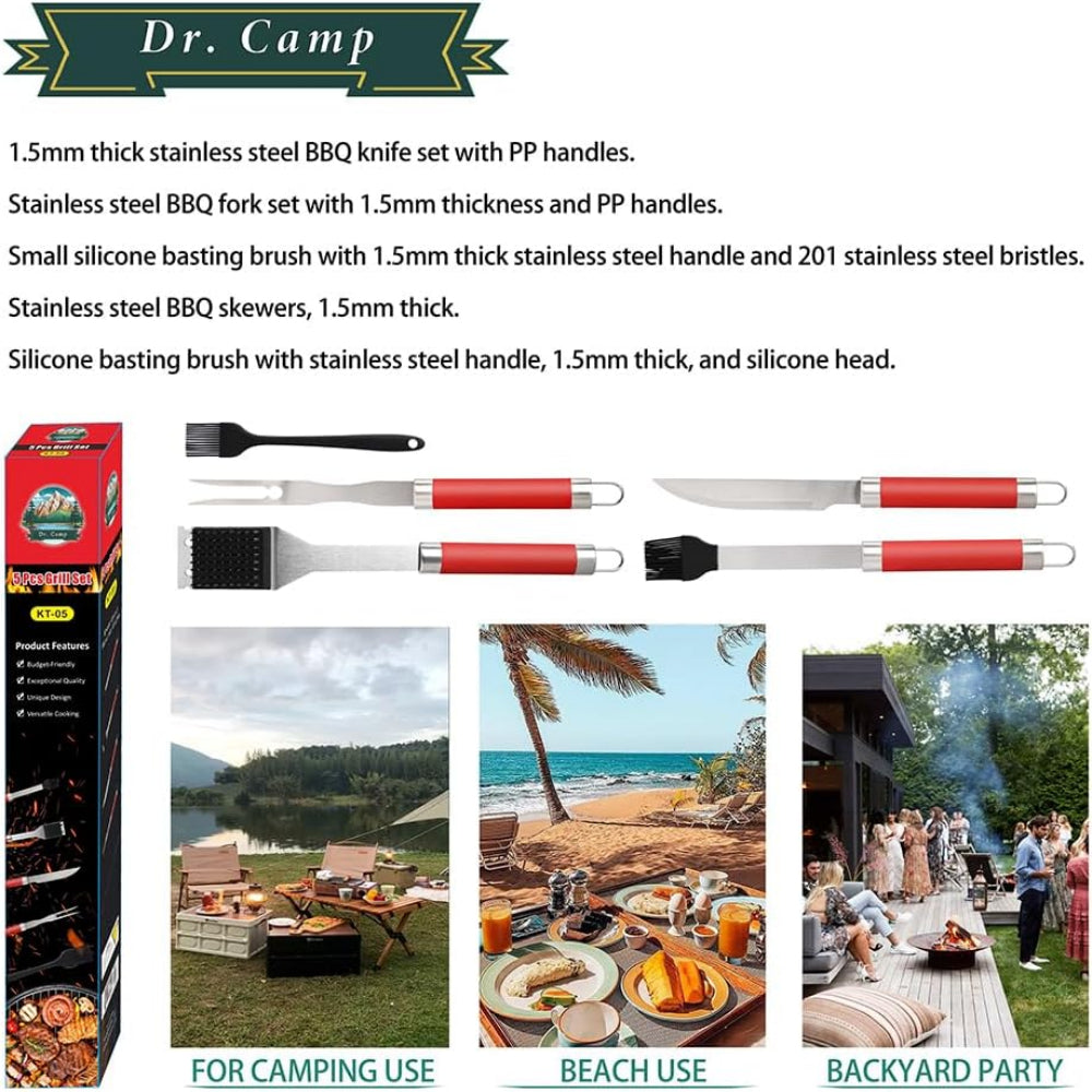 5-Piece Grill Tool Set – Stainless Steel BBQ Accessories Kit for Outdoor Cooking